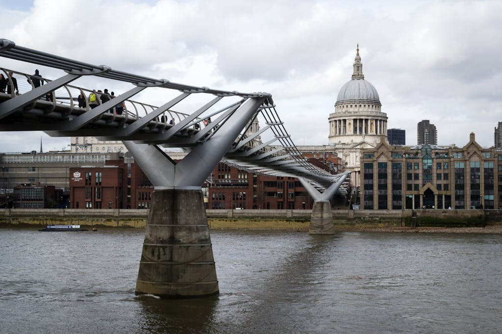 Stunning view of Millennium Bridge leading to St. Paul's Cathedral in London.